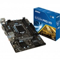 Материнская плата 1151 (B250) MSI B250M PRO-VD, B250, 2xDDR4, Int.Video(CPU), 6xSATA3, 1xM.2, 1xPCI-E 16x 3.0, 2xPCI-E 1x 3.0, ALC887, RTL8111H, 6xUSB3.0/6xUSB2.0, VGA/DVI, mATX
